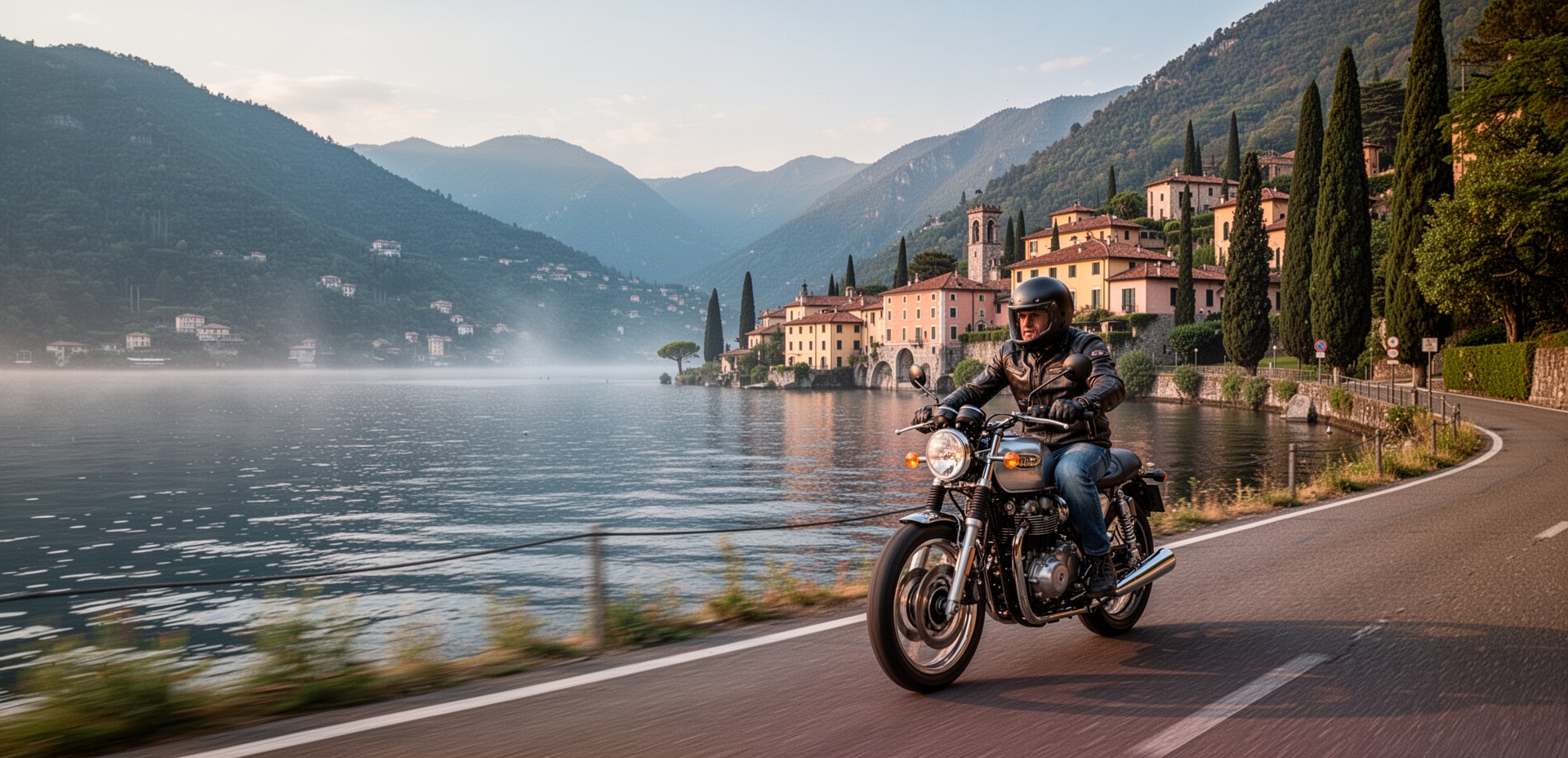 Motociclista in sella a una moto classica lungo il lago di Como