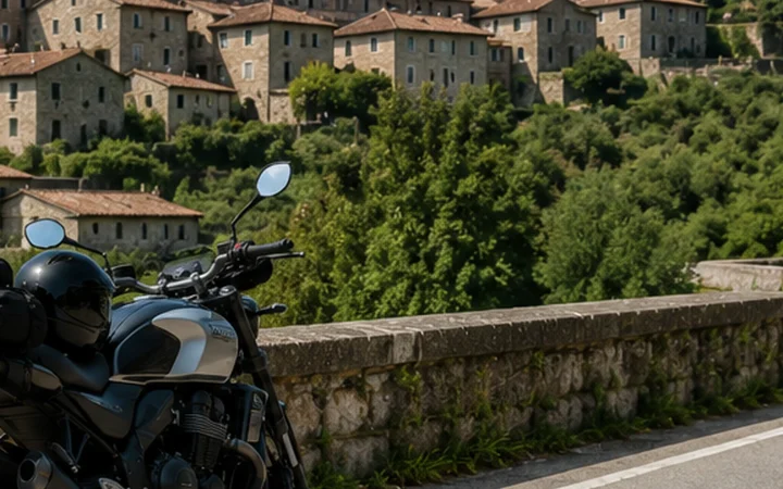 Moto ferma all'ingresso di un borgo lombardo durante un viaggio