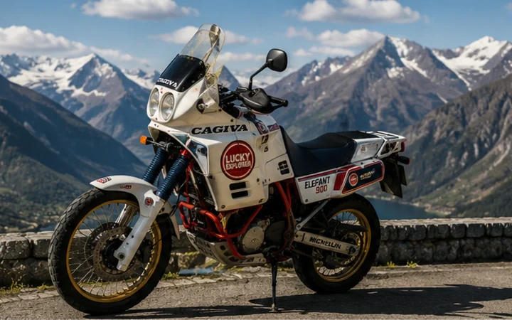 Cagiva Elefant Lucky Explorer su strada panoramica di montagna