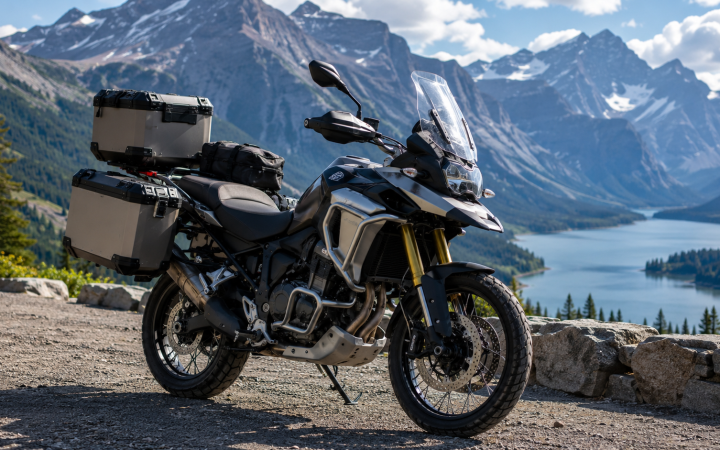 Moto da turismo con valigie rigide affacciata su un lago alpino