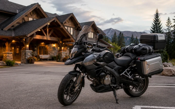 Moto in sosta durante un viaggio come riferimento per hotel biker-friendly