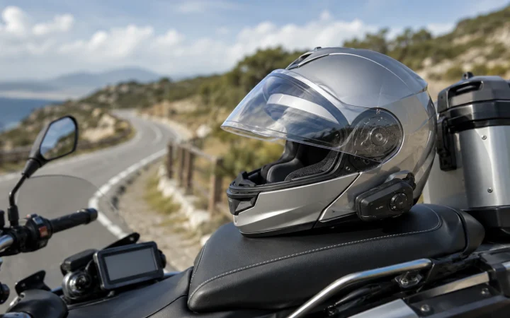 Casco con interfono moto montato prima di un viaggio