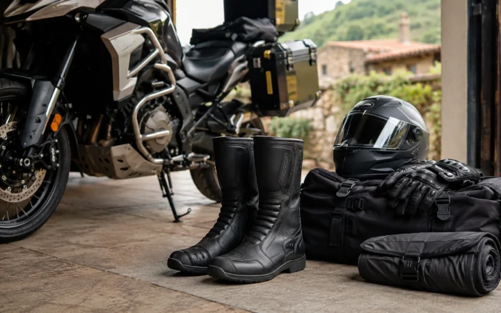 Stivali moto da turismo preparati vicino alla moto prima di partire